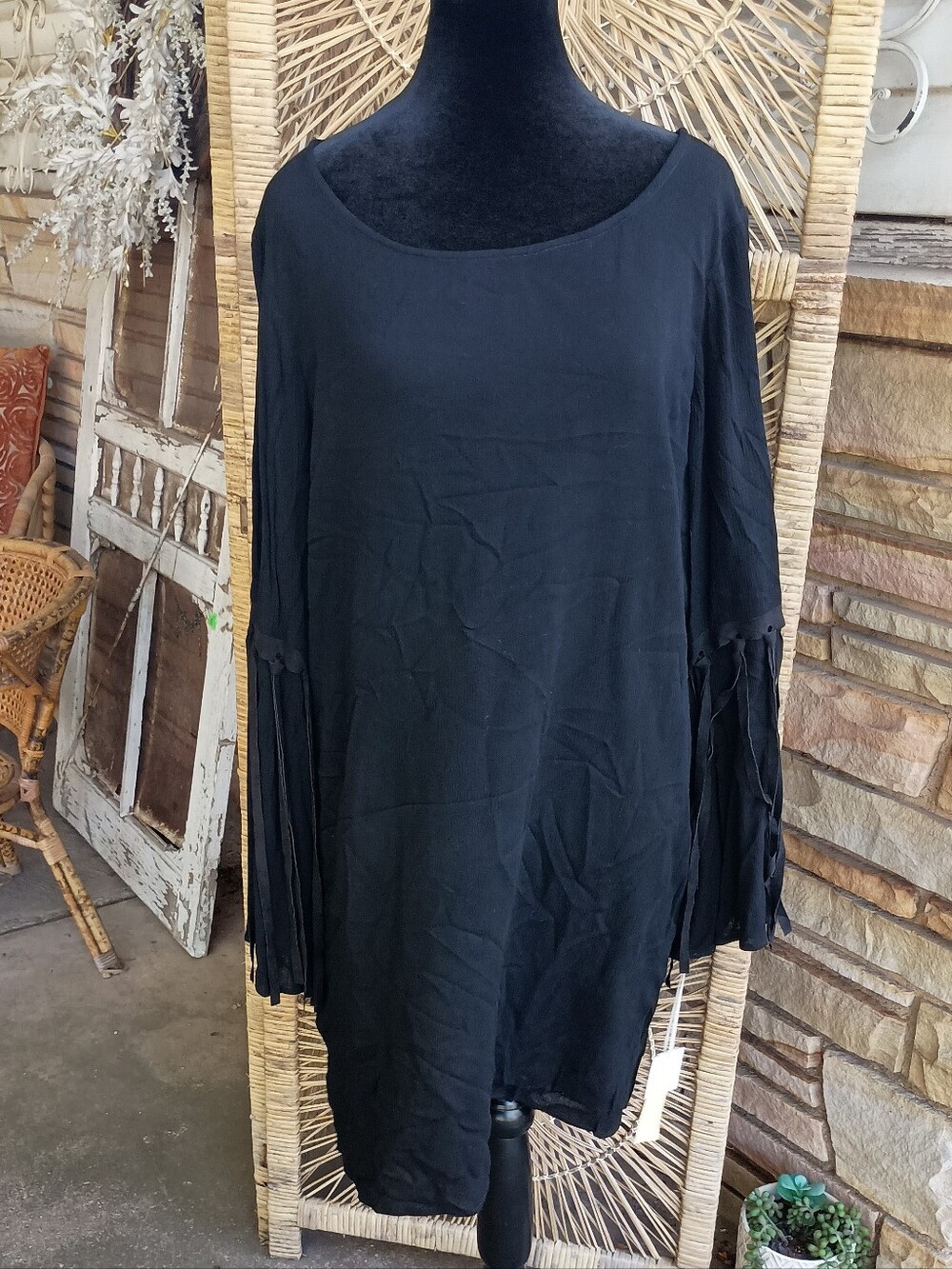 NWT Uncle Frank Anthropologie Women’s Black Fringe Sleeve Dress_XL